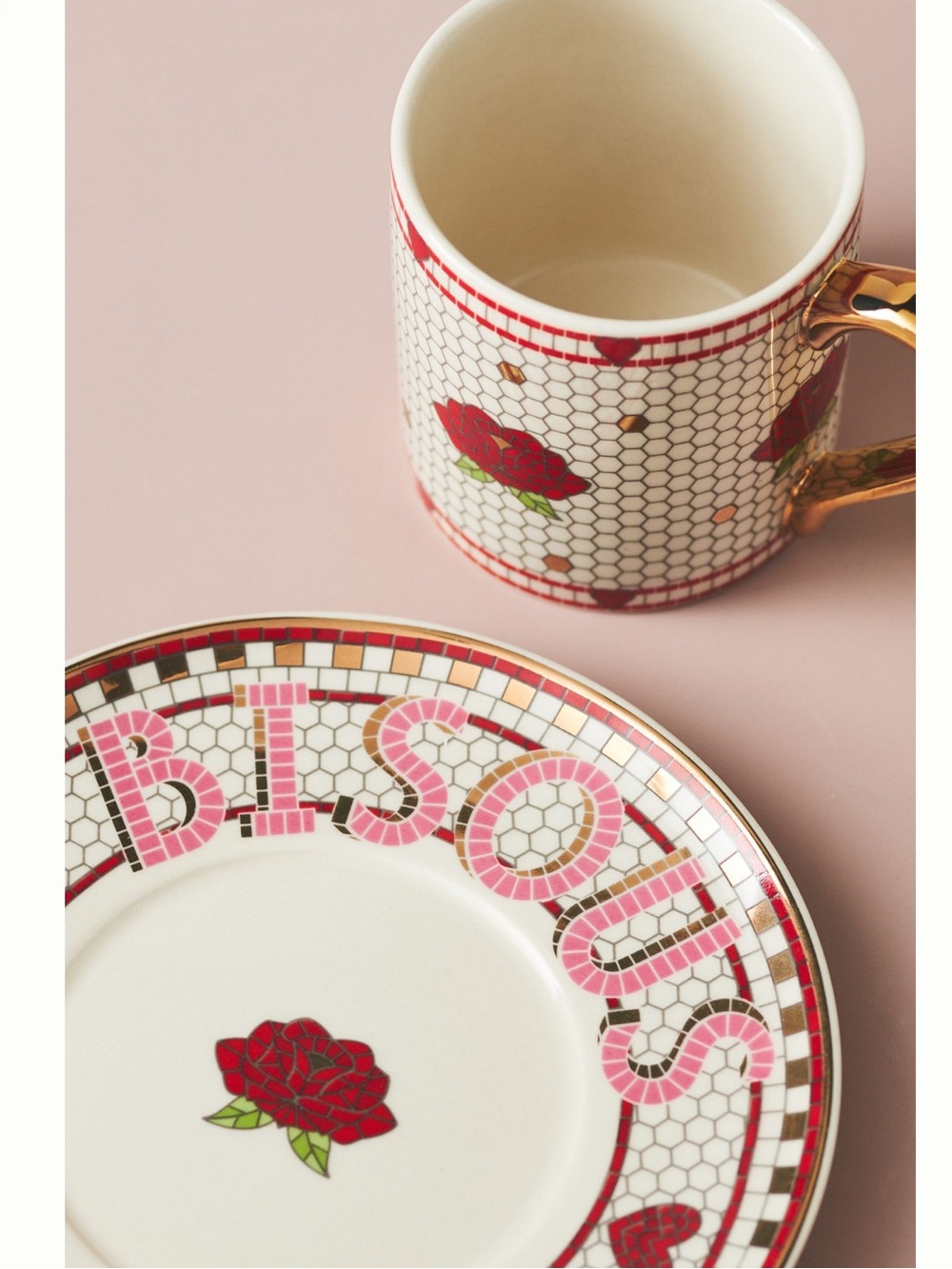 ❣️Anthropologie Bistro Espresso Cup Saucer 24KT Tile Stoneware Heart Rose